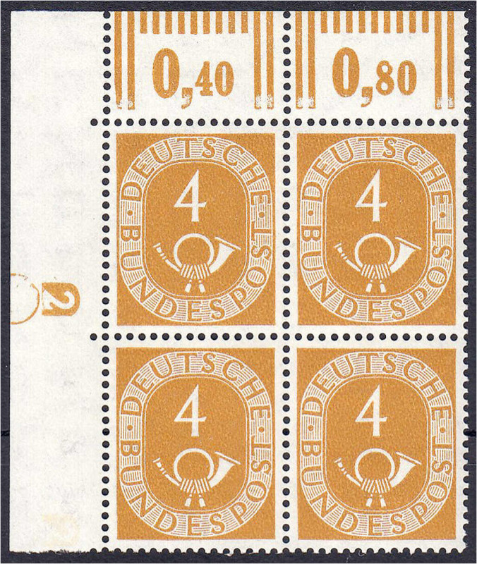 4 Pf. Posthorn 1951, postfrischer Viererblock mit Druckerzeichen ,,2" aus der li...