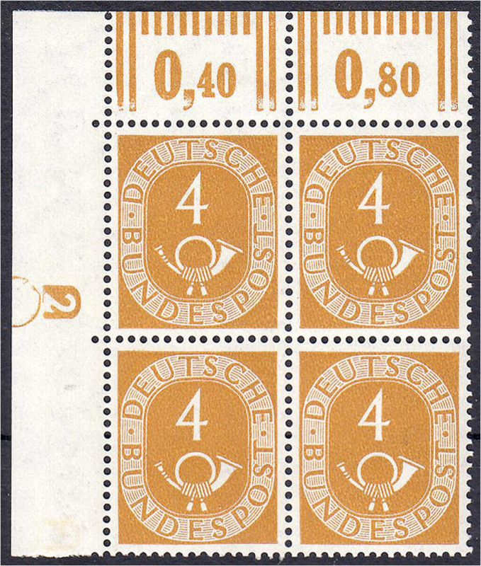 4 Pf. Posthorn 1951, postfrischer Viererblock mit Druckerzeichen ,,2" aus der li...