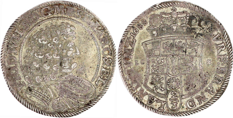 2/3 Taler 1688 LCS, Berlin. fast vorzüglich, leichte Prägeschwäche, schöne Patin...