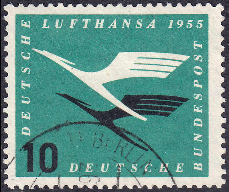 10 Pf. Lufthansa 1955, sauber gestempelt mit Plattenfehler ,,I" (unterer Balken ...