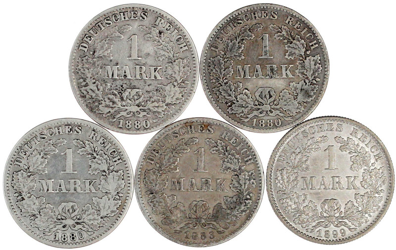 5 bessere Markstücke: 1880 D, G, J, 1883 D und 1899 F (gutes vz). meist schön/se...