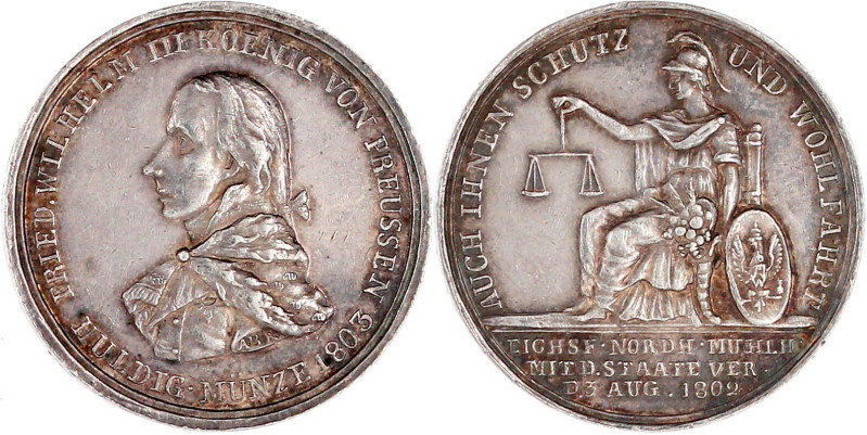 Silbermedaille 1803, von Abramson. Auf die Huldigung von Eichsfeld, Nordhausen u...