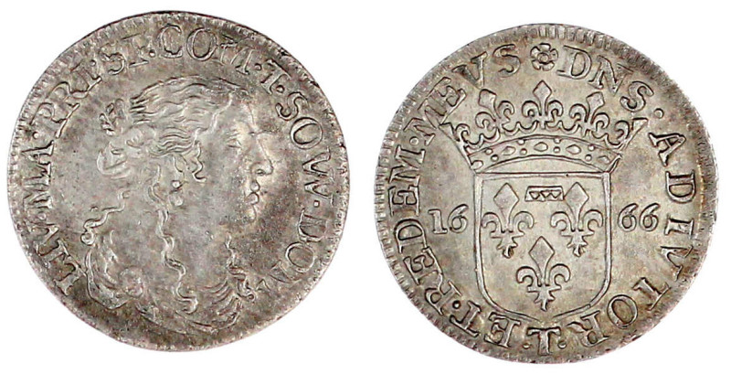 Luigino 1666. Brb. Marie de Dombes r./gekr. Wappen, darunter Mzz. T. vorzüglich....