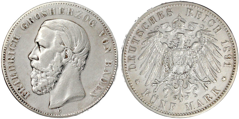 5 Mark 1891 G. A ohne Querstrich. fast sehr schön, kl. Randfehler, selten. Jaege...