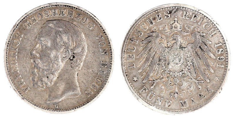 5 Mark 1891 G. A ohne Querstrich. fast sehr schön, kl. Randfehler, selten. Jaege...