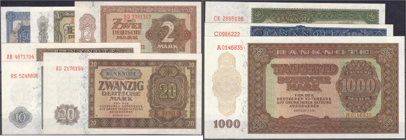 Kompletter Satz der Banknotenserie (DDR-Druck) 1948. Insgesamt 9 Scheine zu 50 P...