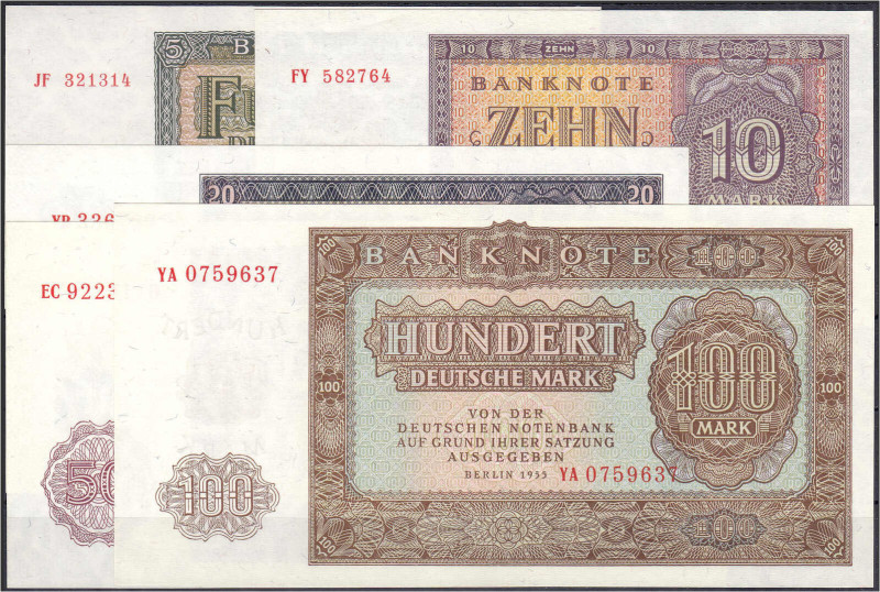 Kompletter Satz der Banknotenserie (DDR-Druck) 1955. Insgesamt 5 Scheine zu 5, 1...