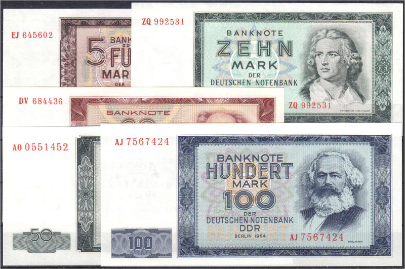 Kompletter Satz der Banknotenserie (DDR-Druck) 1964. Insgesamt 5 Scheine zu 5, 1...