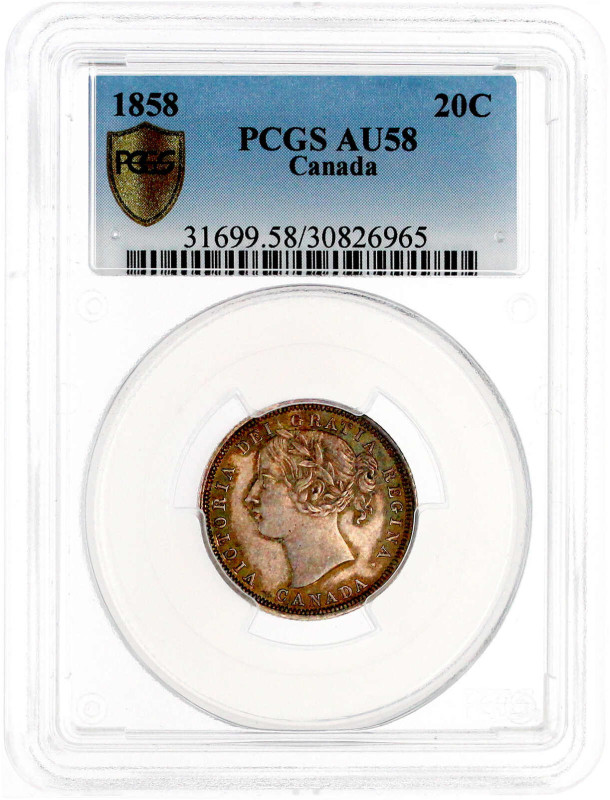 20 Cents 1858. Im PCGS-Blister mit Grading AU 58. Einjahrestyp. selten in dieser...