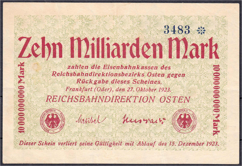 Reichsbahndirektion Osten, 10 Mrd. Mark 27.10.1923. III. Müller/Geiger/Grabowski...