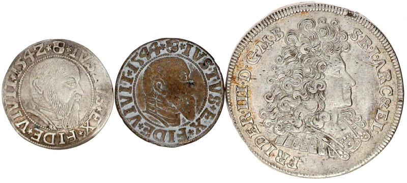 3 Silbermünzen: 2/3 Taler 1690 LCS, Ostpreussen Groschen 1542 und 1544. sehr sch...