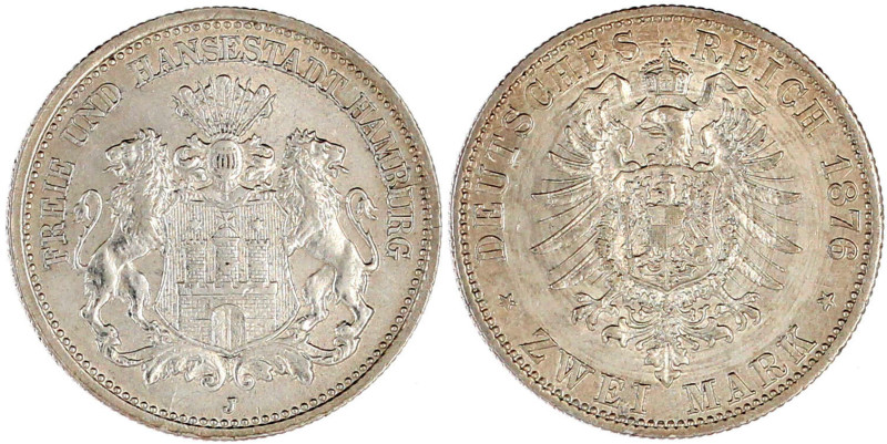 2 Mark 1876 J. vorzüglich/Stempelglanz. Jaeger 61.