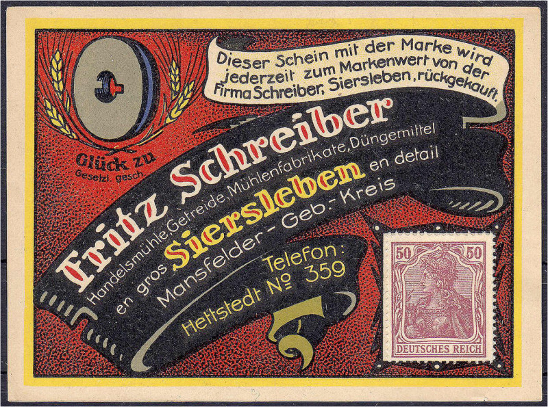 Fritz Schreiber, Handelsmühle o.D. 50 Pfg. Briefmarke. I- Lindman 1197.2. Grab./...