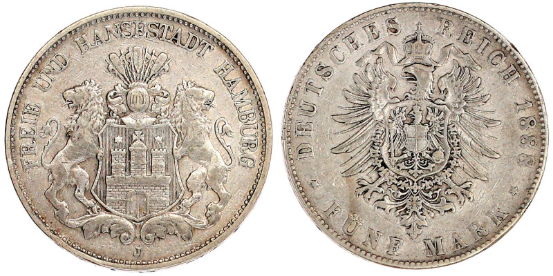 5 Mark 1888 J. sehr schön, kl. Randfehler. Jaeger 62.