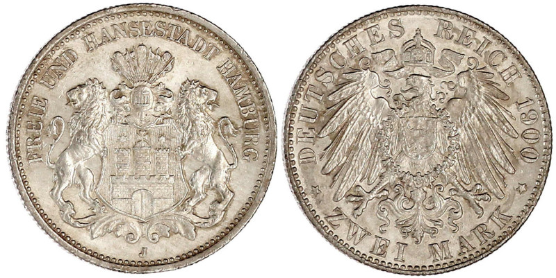 2 Mark 1900 J. vorzüglich/Stempelglanz. Jaeger 63.