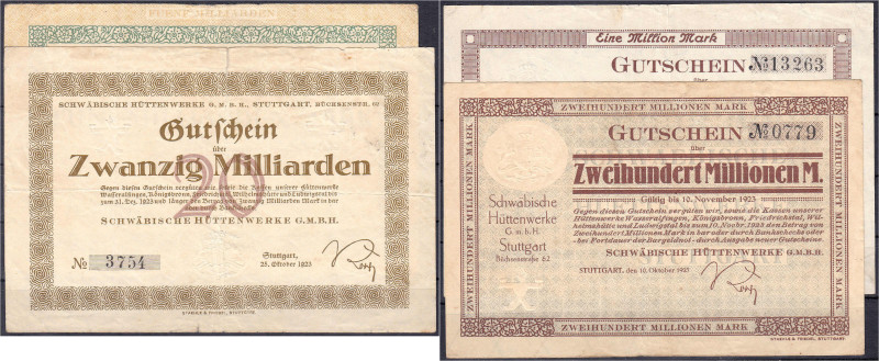 Schwäbische Hüttenwerke G.m.b.H., 4 Scheine zu 1, 200 Mio., 5 u. 20 Mrd. 1923. I...