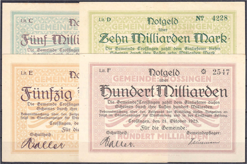 Gemeinde, 4 Scheine zu 5, 10, 50 und 100 Mrd. Mark 24.10.1923. I-II. Keller 5237...