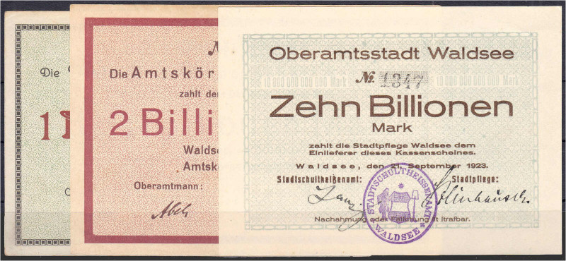 Amtskörperschaft und Oberamtsstadt, 3 Scheine zu 1, 2 und 10 Bio. Mark 1923. III...