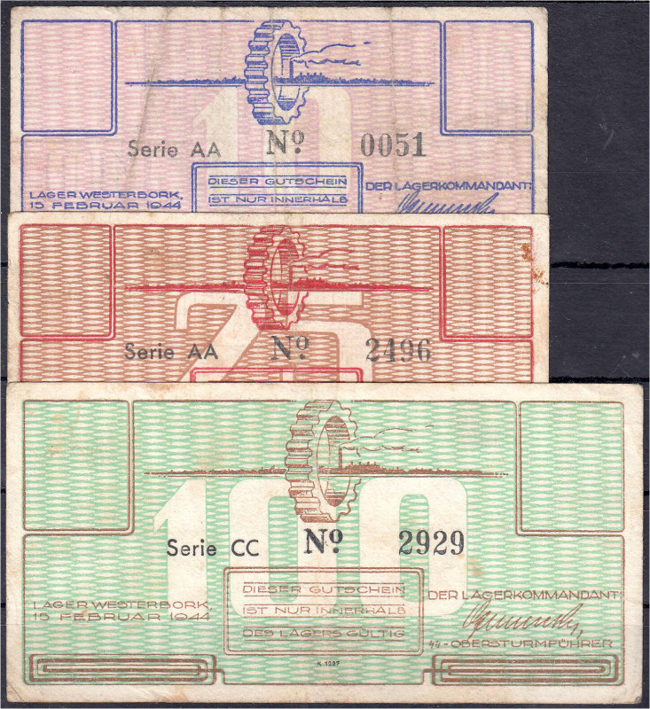 Lager, 3 Gutscheine zu 10, 25 u. 100 Cent 15.2.1944. Serien AA, AA u. CC. III-IV...