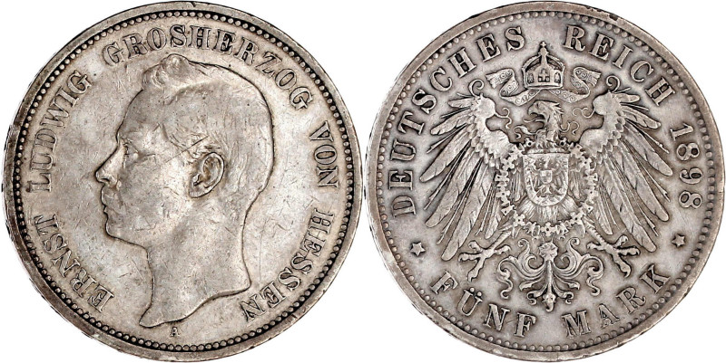 5 Mark 1898 A. sehr schön, kl. Randfehler. Jaeger 73.