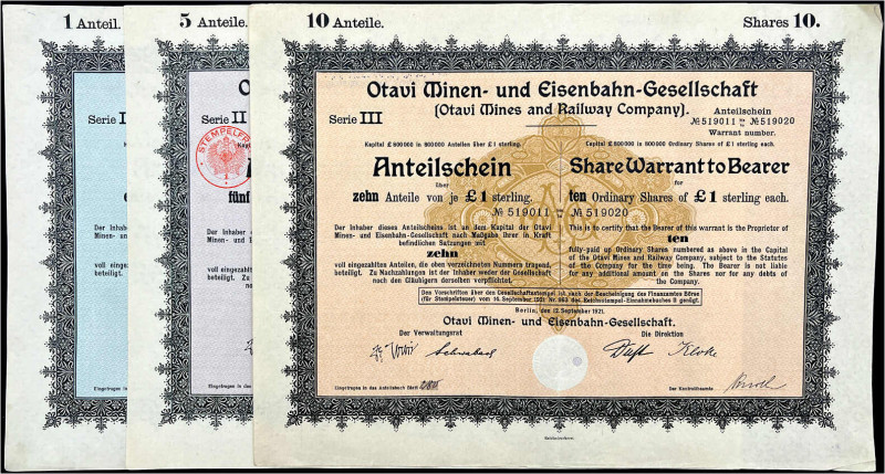 3 Anteilscheine, Berlin 12.9.1921 über 1, 5 und 10 Anteile von je 1 Pfund Sterli...