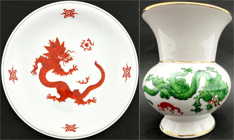 2 Teile: Meissner Teller chinesischer Drache rot, 30 cm, nach 1934; Vase grüner ...