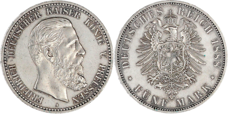 5 Mark 1888 A. vorzüglich/Stempelglanz, min. berieben. Jaeger 99.