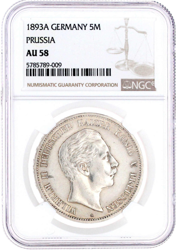 5 Mark 1893 A. Im NGC-Blister mit Grading AU 58. gutes vorzüglich. Jaeger 104.