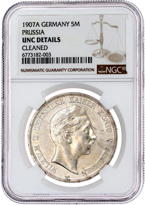 5 Mark 1907 A. NGC Grading UNC DETAILS CLEANED. Jaeger 104.