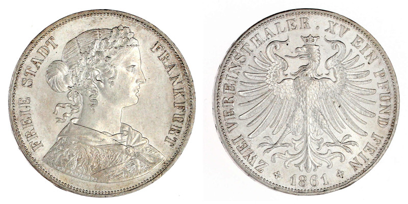 Vereinsdoppeltaler 1861. vorzüglich/Stempelglanz, min. berieben. Jaeger 43. Thun...