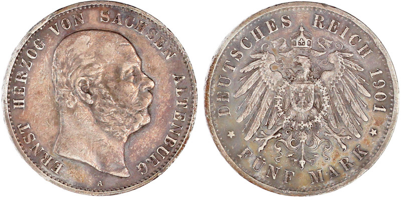 5 Mark 1901 A. sehr schön, Randfehler und kl. Kratzer. Jaeger 143.