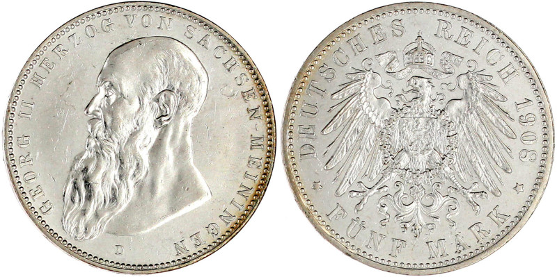 5 Mark 1908 D. Kurzer Bart. vorzüglich/Stempelglanz, kl. Kratzer. Jaeger 153b.