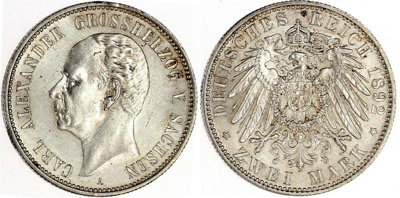 2 Mark 1892 A. vorzüglich/Stempelglanz. Jaeger 156.