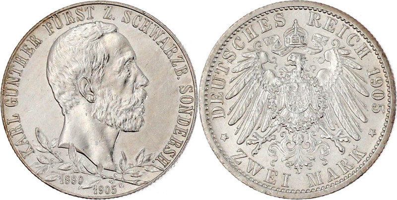 2 Mark 1905. 25 jähr. Regierungsj., schmaler Randstab. gutes vorzüglich, etwas b...