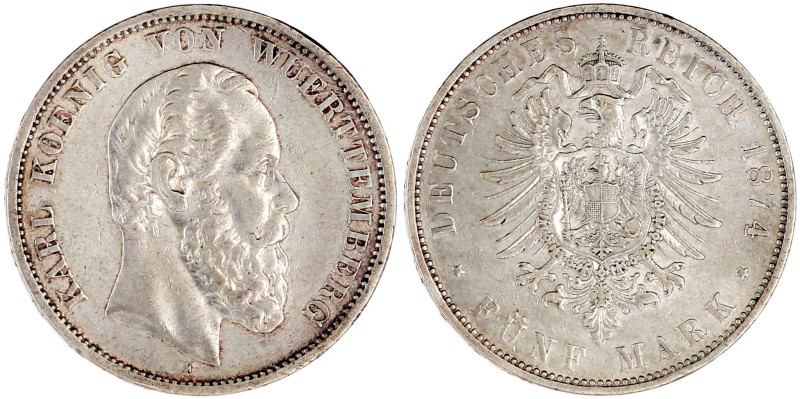 5 Mark 1874 F. sehr schön/vorzüglich. Jaeger 173.