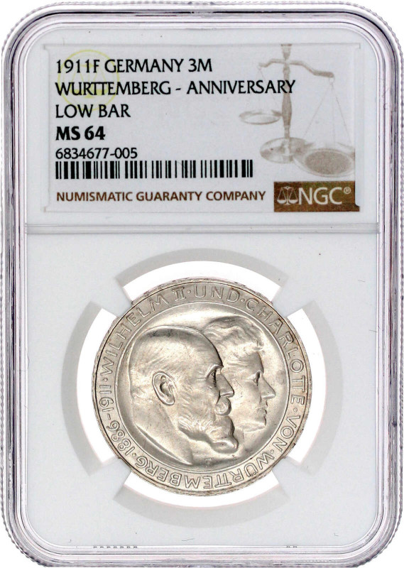 3 Mark 1911 F. Zur silbernen Hochzeit. NGC Grading MS 64. Jaeger 177a.