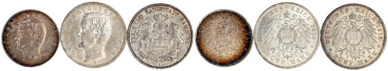 3 Stück: Bayern 3 Mark 1911 (vz), 5 Mark 1913 (vz/St, kl. Kratzer), Hamburg 5 Ma...