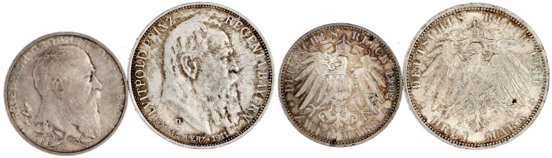 2 Stück: Baden 2 Mark 1902 Reg.-Jub. (Stempelglanz, Prachtexemplar), Bayern 3 Ma...