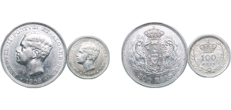 Portugal Kingdom 1908-1909 100 Réis - Manuel II (2 Lots) Silver (.835) Lisbon Mi...