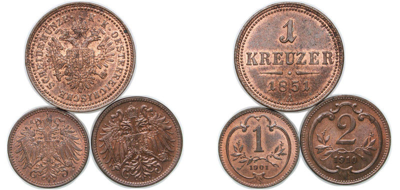 Austria 1851 - 1910 Kreuzer (3 Lots) Copper Vienna Mint UNC