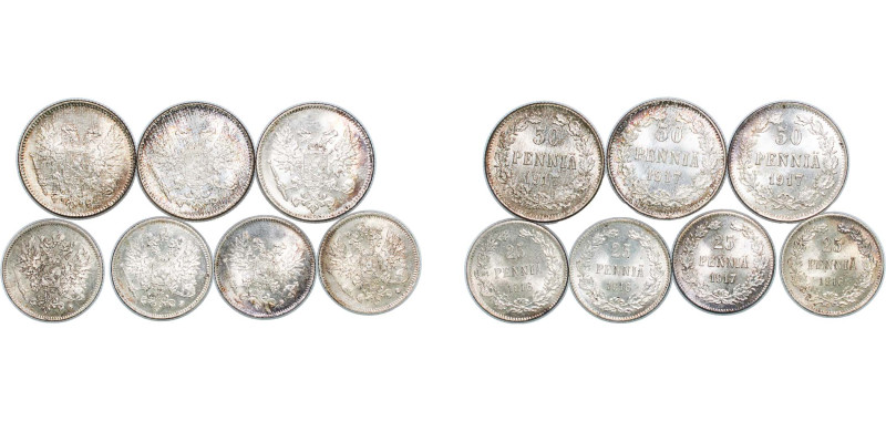 Finland Grand duchy 1916-1917 25 & 50 Pennia - Nicholas II (7 Lots) Silver (.750...