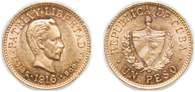 Cuba First Republic 1916 1 Peso (José Martí) Gold (.900) Philadelphia Mint (1050...