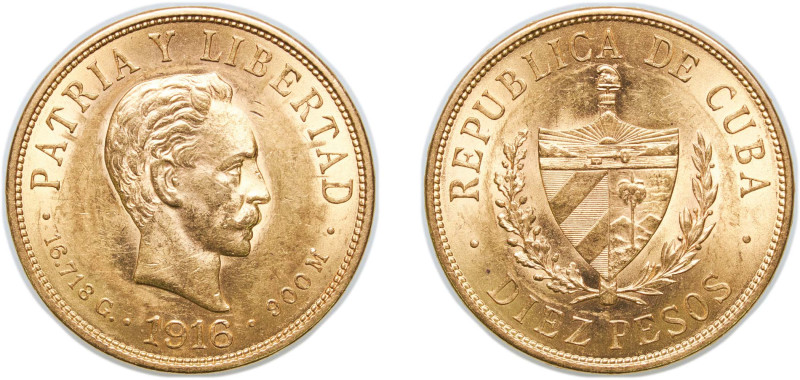 Cuba First Republic 1916 10 Pesos (José Martí) Gold (.900) Philadelphia Mint (11...