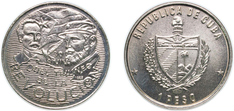 Cuba Second Republic 1989 1 Peso (J. Marti and F. Castro) Copper-nickel Havana M...