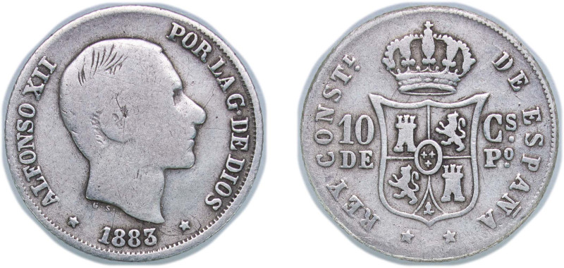 Philippines Spanish colony 1883 10 Centavos - Alfonso XII Silver (.835) Manila M...