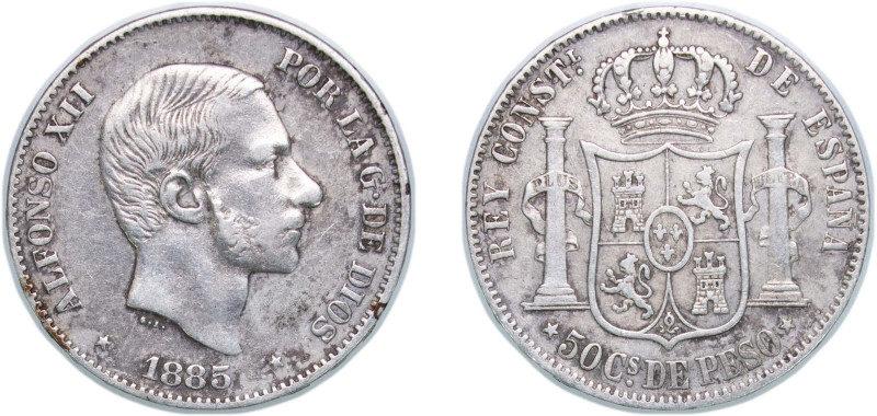 Philippines Spanish colony 1885 50 Centavos - Alfonso XII Silver (.835) Manila M...