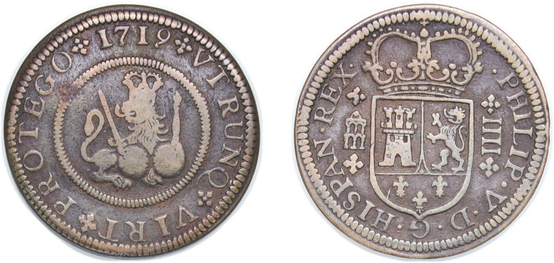 Spain Kingdom 1719 4 Maravedis - Felipe V (1st type) Copper Segovia Mint 9.45g V...