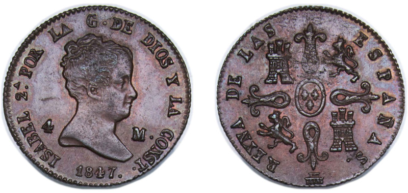 Spain Kingdom 1847 4 Maravedis - Isabel II Copper Segovia Mint 4.63g UNC KM 530....