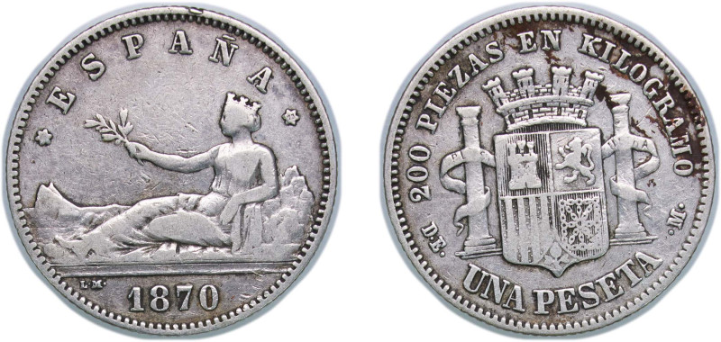 Spain Provisional Government 1870 *??-73 DE-M 1 Peseta (ESPAÑA) Silver (.835) Ma...