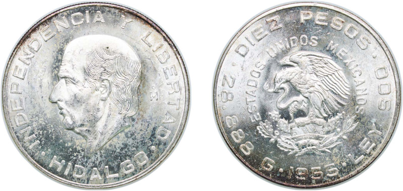 Mexico United Mexican States 1955 Mo 10 Pesos (Hidalgo Grande) Silver (.900) Mex...